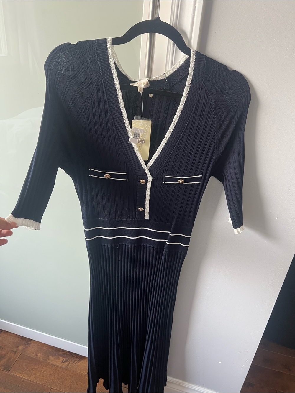 Navy Blue Knit V-Neck Midi Dress with Ivory Trim
